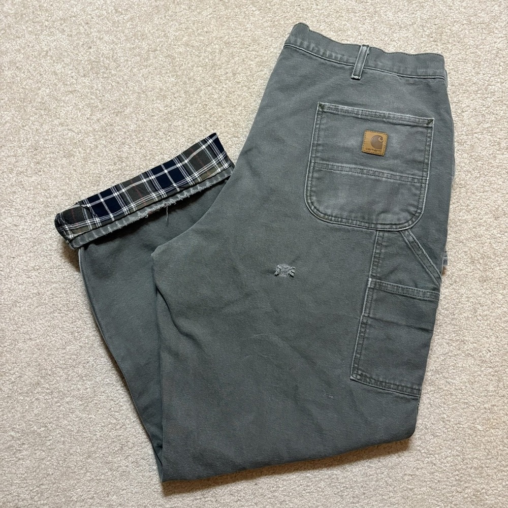 Carhartt Pants Mens 38x30.5 Green B111 Flannel Lined Canvas Work Carpenter Pant